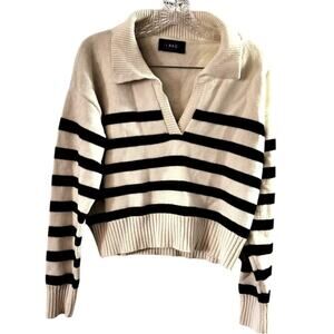 Cider Pullover Preppy Collared Cream Off White Black Striped V-Neck Polo Sweater